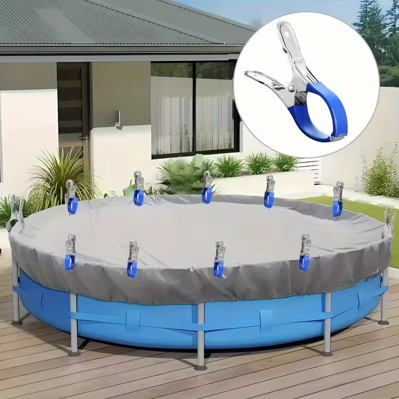 Pool Ladder Above Ground - 6個入り耐久性のあるステンレススチール製プールカバークリップ、青いプラスチックハンドル付き - 安全に固定するための頑丈な耐風スプリングクリップ