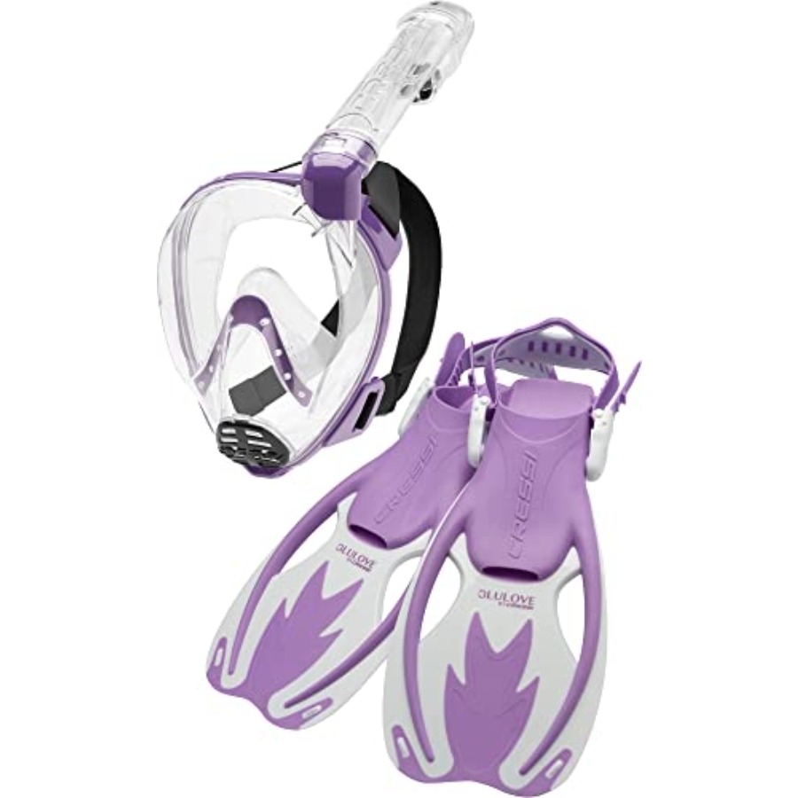 Snorkel Mask Full Face - 6～12歳のお子様向けジュニアシュノーケリングキット：フルフェイスマスク、調節可能なフィン、軽量でカラフルな装備、ビーチやプールに最適