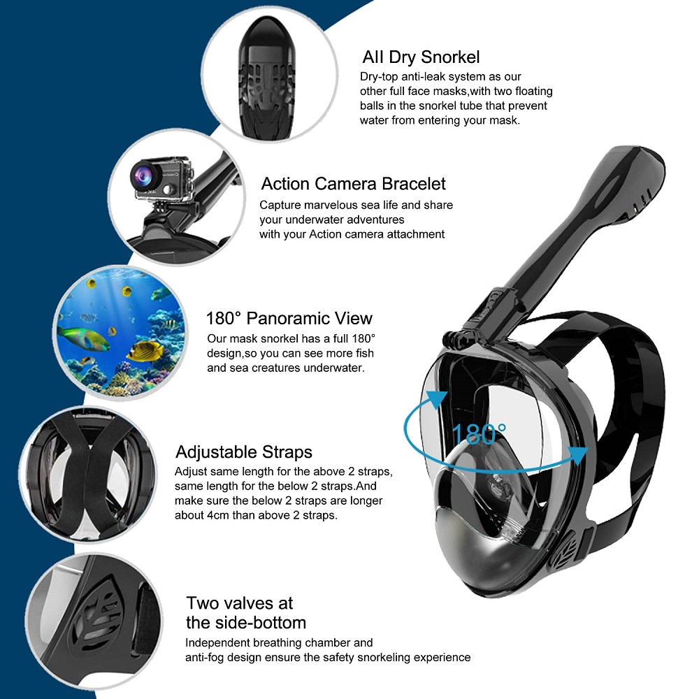 フルフェイスシュノーケルダイビングマスク、漏れ防止、防曇、1 - Snorkel Mask Full Face のレビューと価格