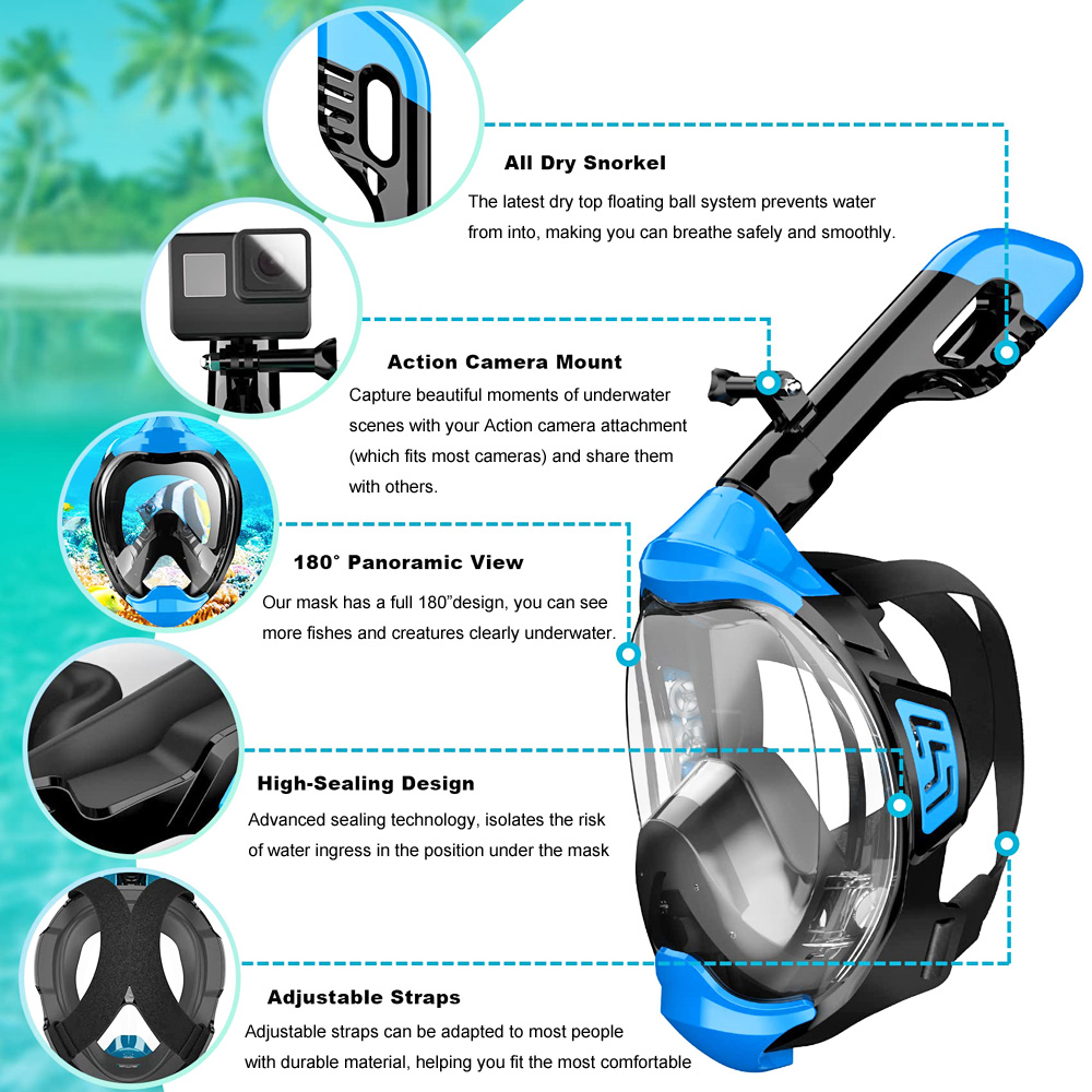 大人用フルフェイスシュノーケルマスク、最新のドライトップ呼吸 - Snorkel Mask Full Face のレビューと価格